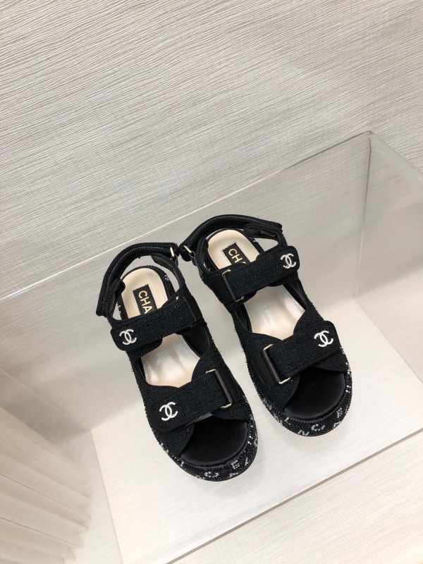2025 Women Chanel Black Fabric Platform Sandals LY00330