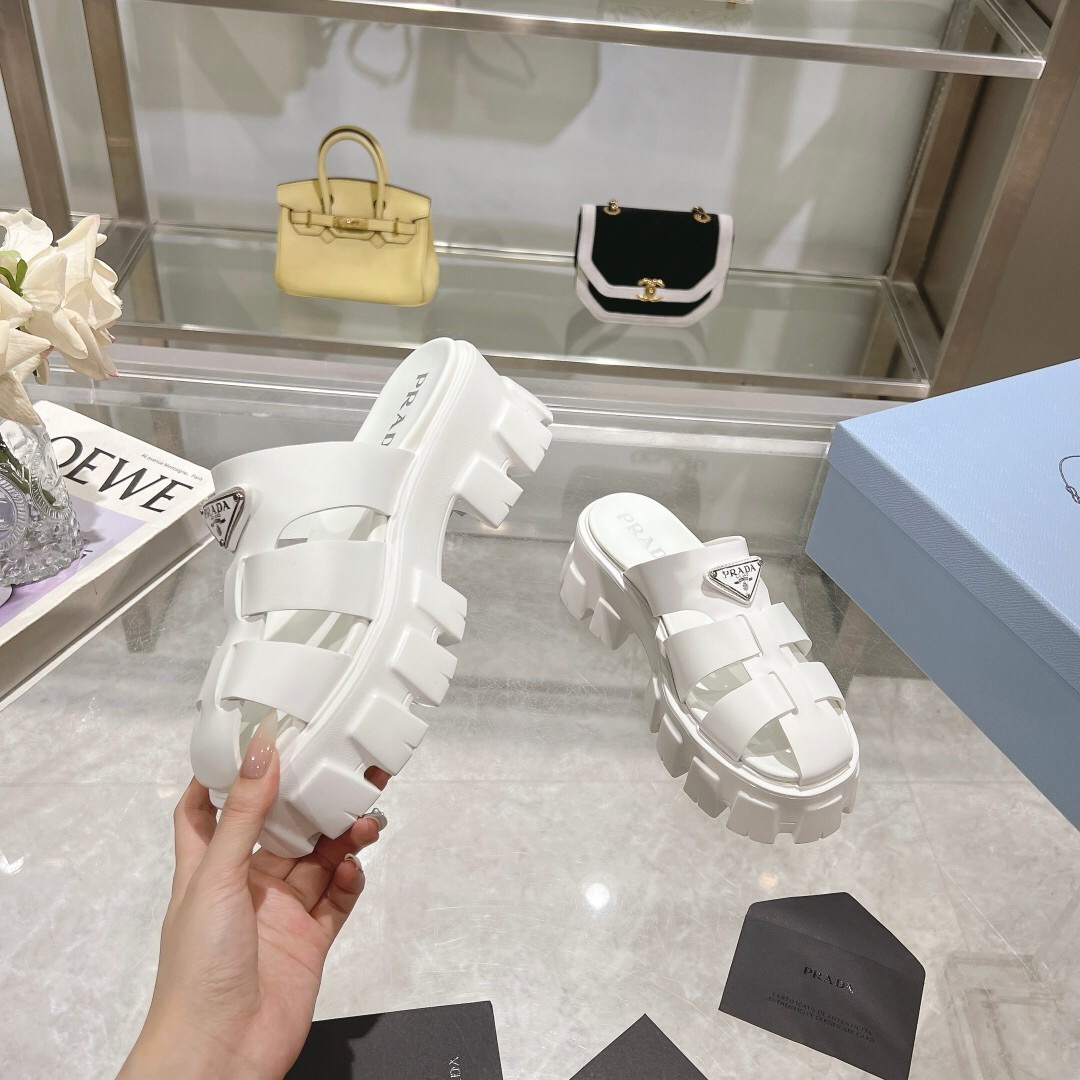 2025 Women Prada White Leather Slippers LY00250