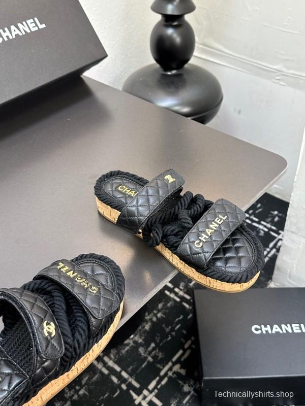 2025 Slippers Chanel Black Leather Cork Sole Sandal LY00250