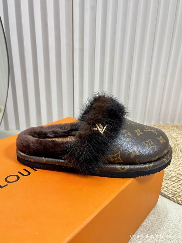 2024 Slippers Louis Vuitton Brown Leather Mink Fur Slippers MJ00340