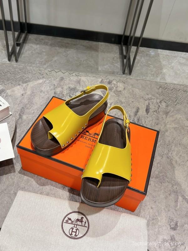2025 Women Hermès Yellow Leather Sandals
