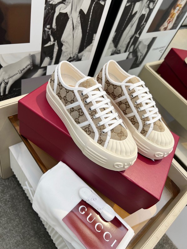 2025 Women Gucci Beige Brown Canvas Platform Sneakers Non-heritage Layered Stitching LY00270