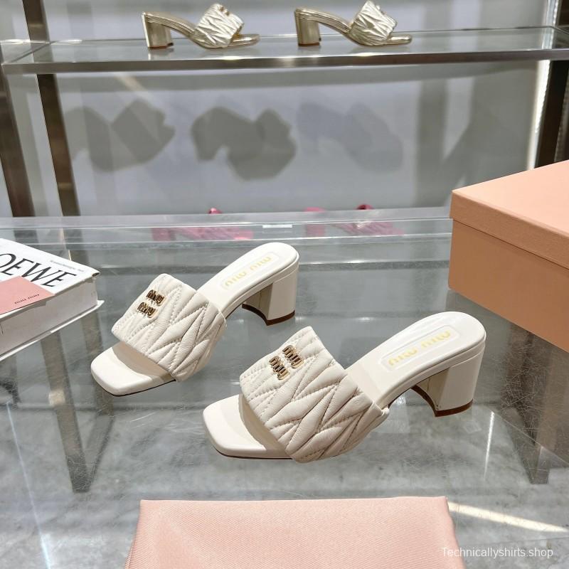 2025 Women Miu Miu White Sheepskin Sandals Embroidered KFY00250