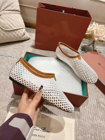 2025 Women LP White Brown Leather Mesh Ballet Flats