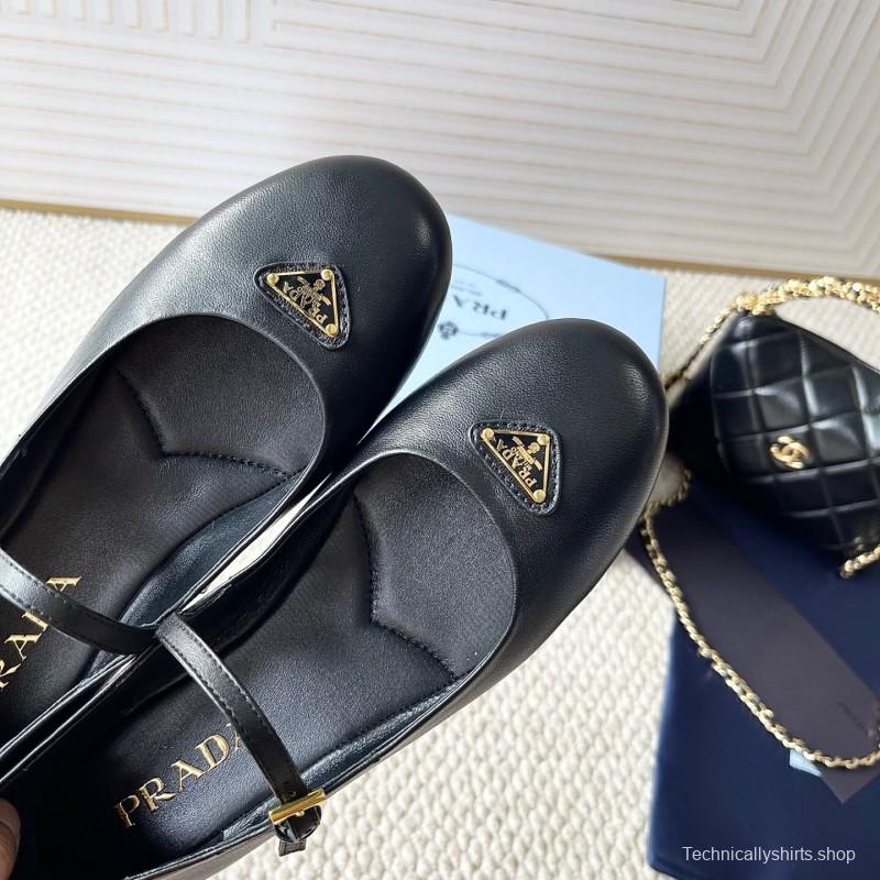 2025 Women Prada Black Leather Mary Jane Flat