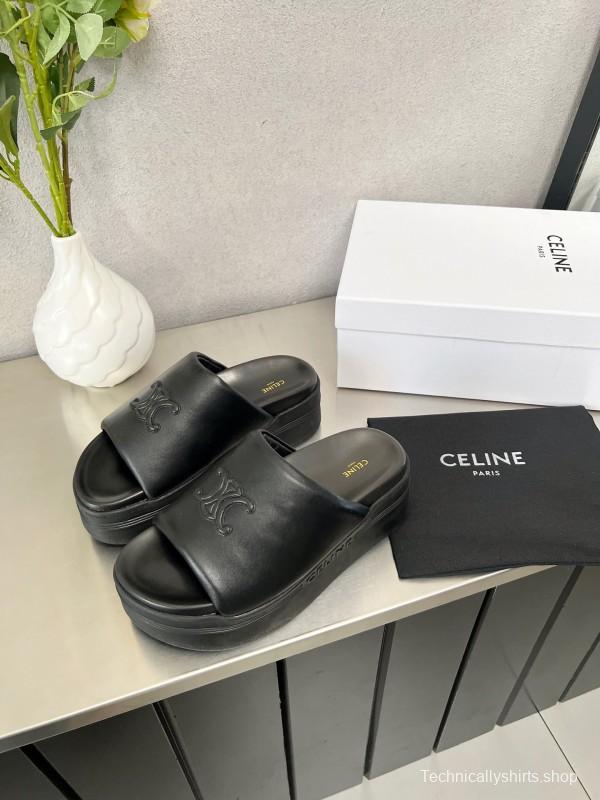 2025 Women Celine Black Leather Slippers