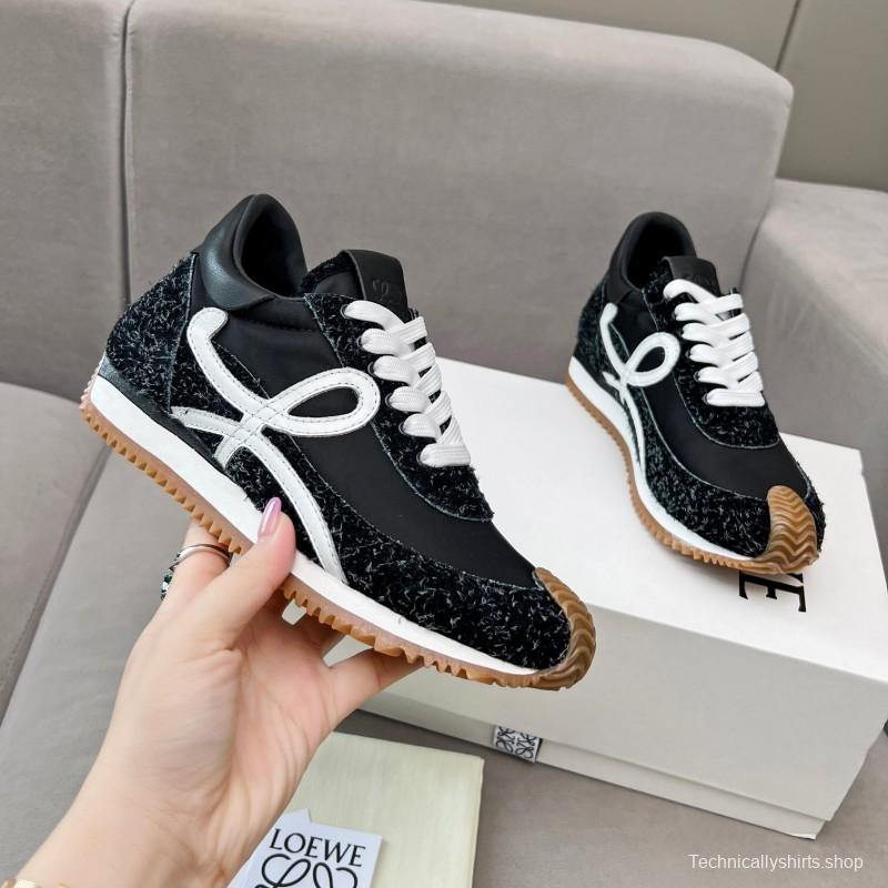 2025 Women Loewe Black White Leather Fabric Sneakers