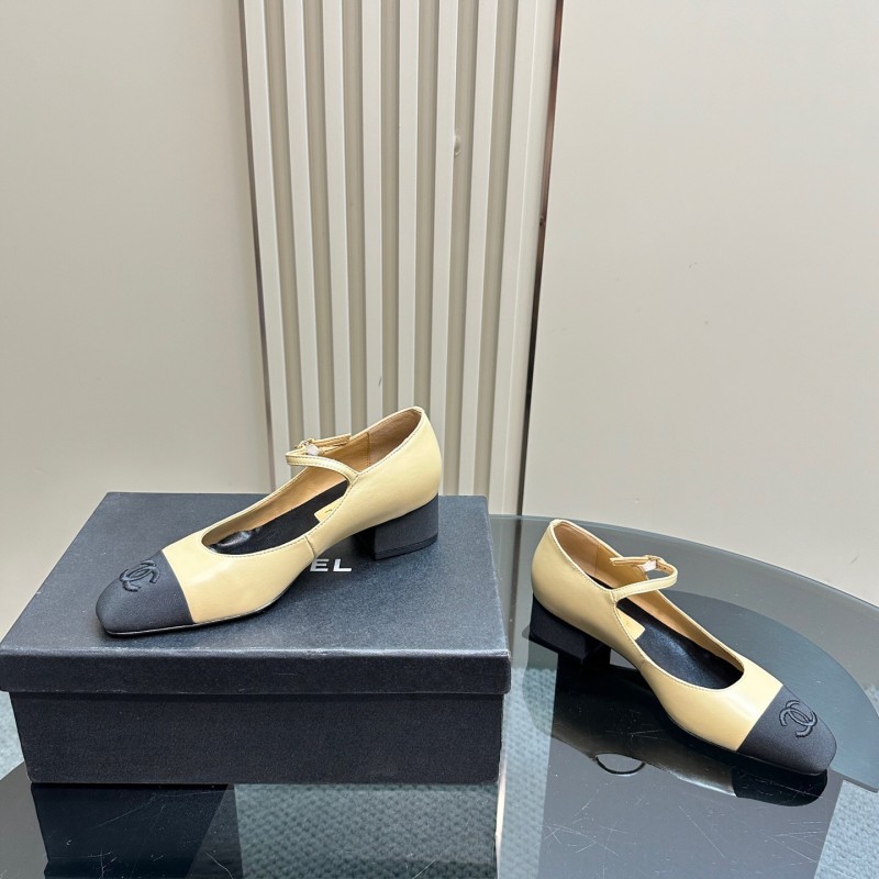 2025 Women Chanel Beige Black Leather Mary Jane Shoes KFY00290