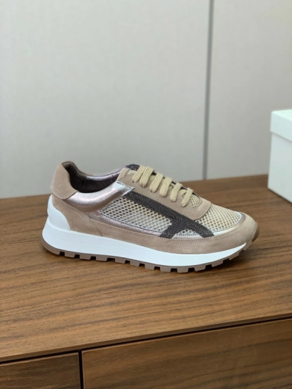 2025 Unisex Brunello Cucinelli Beige Black Mesh Suede Sneakers