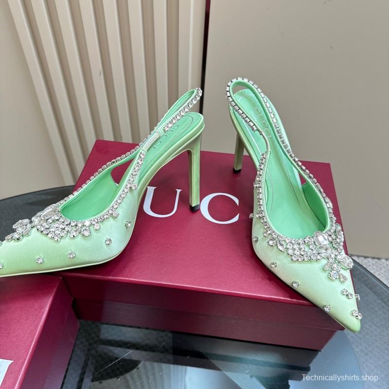 2025 Women Gucci Green Satin Slingback High Heel Crystal Embellished KFY00340