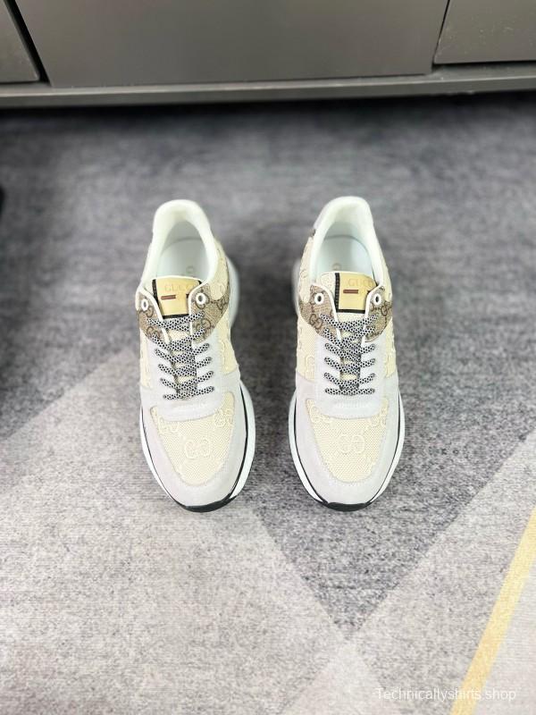 2024 Men Gucci Beige Brown Canvas Leather Sneakers MJ00260