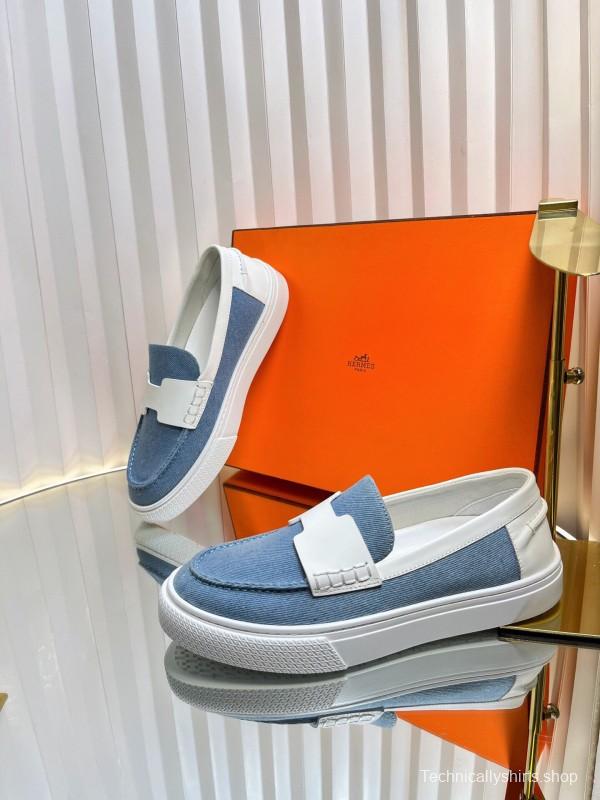 2025 Women Hermès Blue White Leather Canvas Loafers LY00310