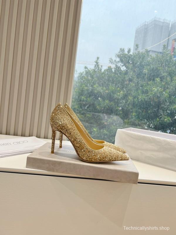 2025 Women Jimmy Choo Gold Crystal Leather Heels KFY00280