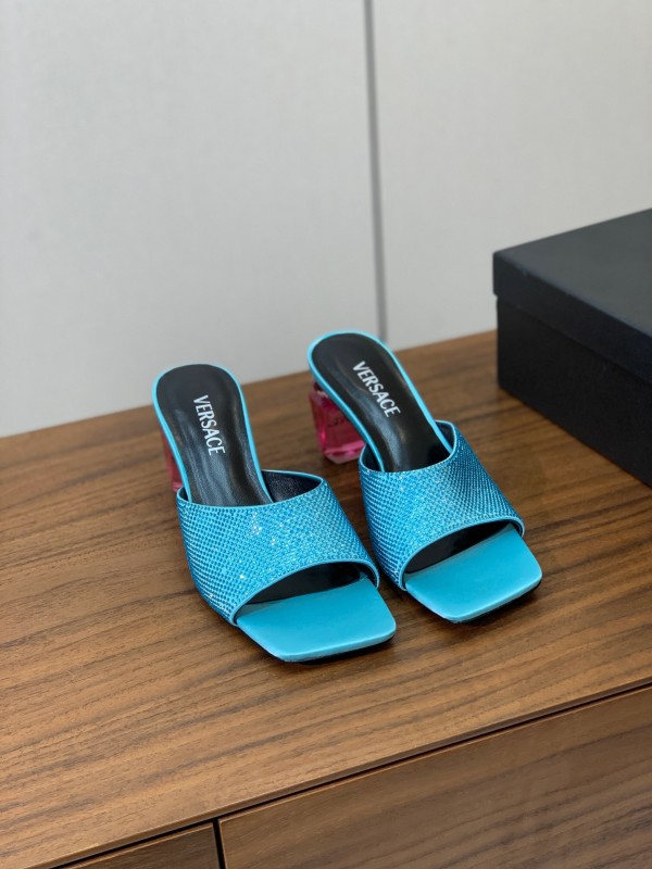 2025 Women VERSACE Blue Leather Slippers