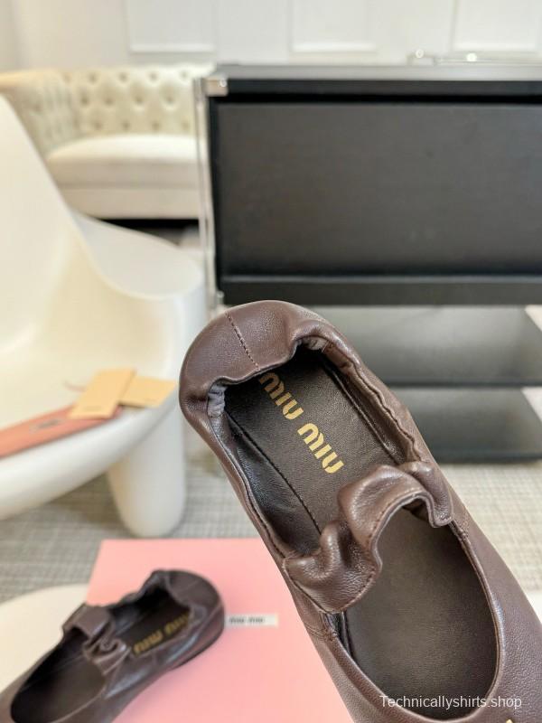 2025 Women Miu Miu Brown Leather Ballet Flats