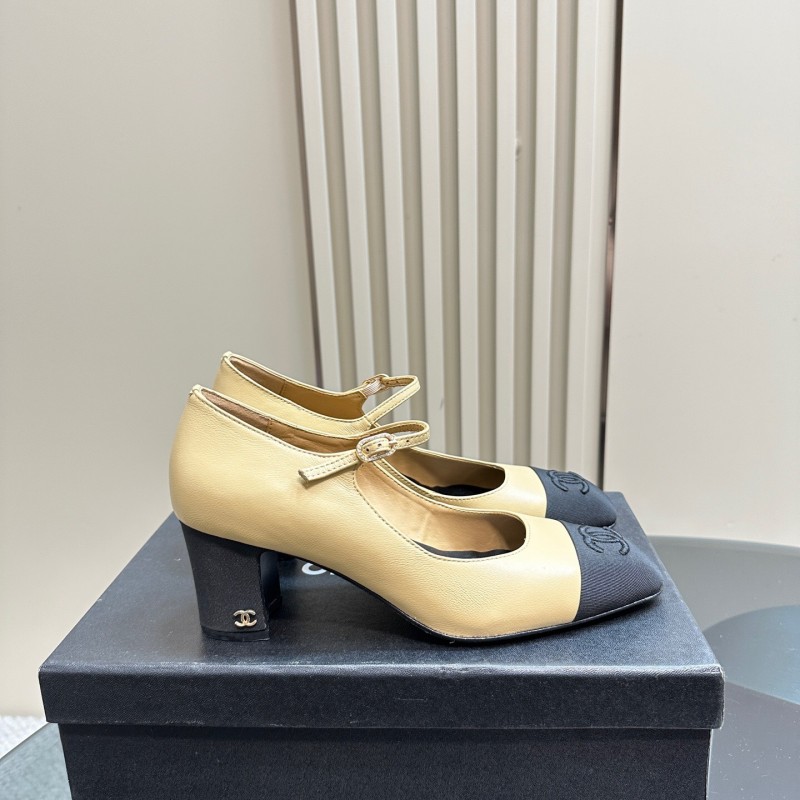 2025 Women Chanel Beige Black Leather Mary Jane Shoes KFY00290