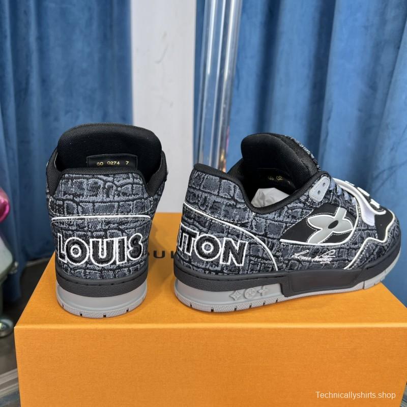 2025 Unisex Louis Vuitton Black Grey Leather Canvas Plimsolls Stitching LV0038
