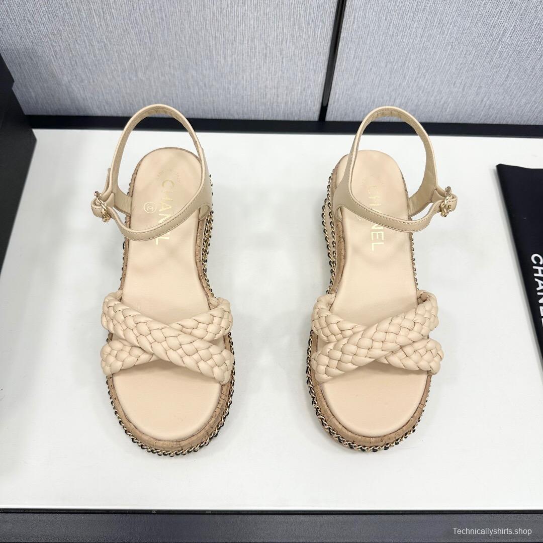 2025 Women Chanel Beige Leather Wedge Sandals