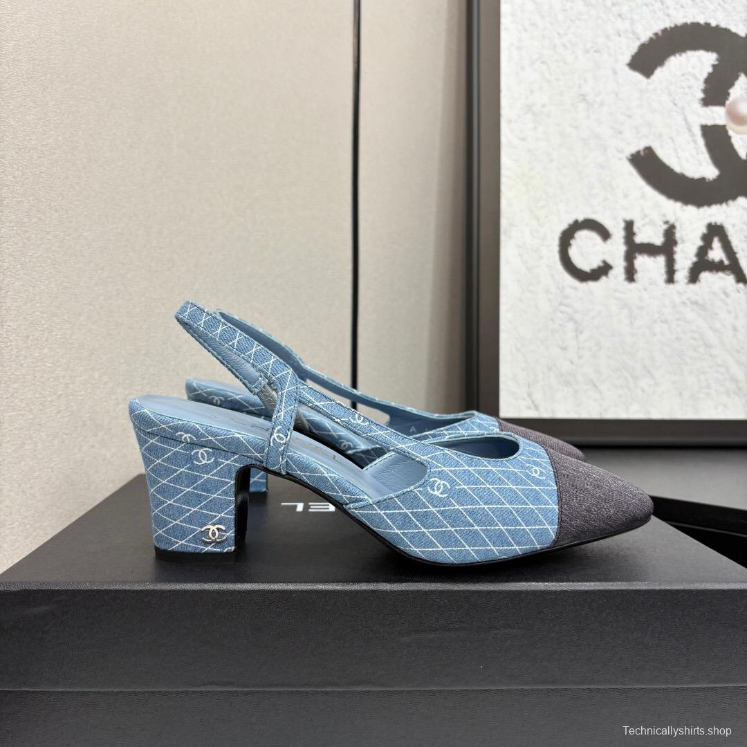 2025 Women Chanel Blue Grey Denim Leather Slingback Shoes