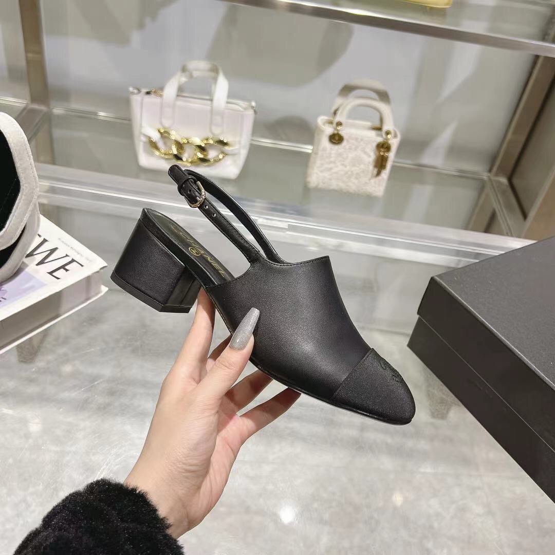 2025 Women Chanel Black Leather Slingback Heels LY00300