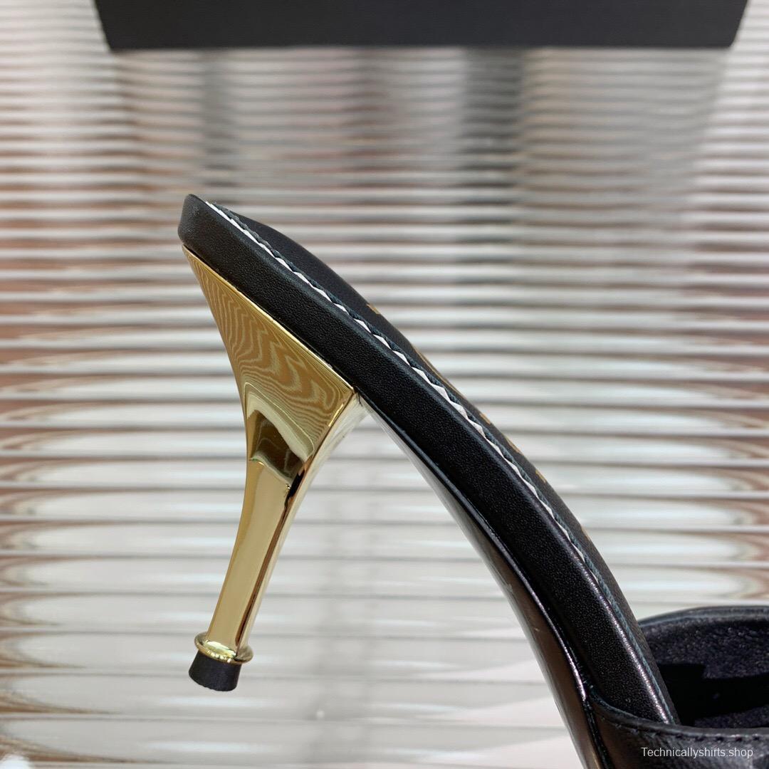 2025 Women TOM FORD Black Gold Leather Heeled Mules KFY00300