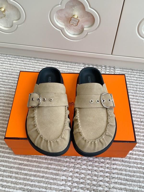 2025 Women Hermès Beige Suede Mule Loafers KFY00290