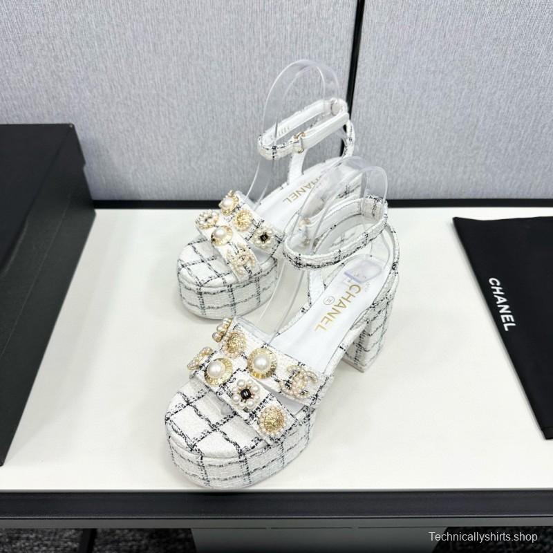 2025 Women Chanel White Black Tweed Platform Sandals
