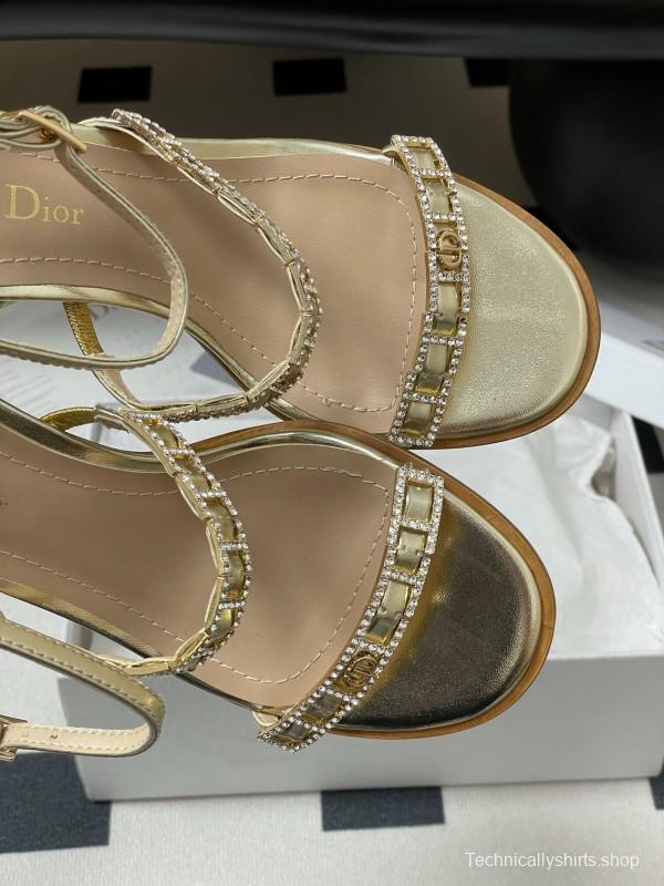 2025 Women Dior Gold Leather Crystal Block Heel Sandals