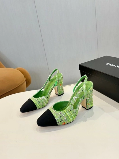 2025 Women Chanel Green Black Tweed Pump Slingback LY00270