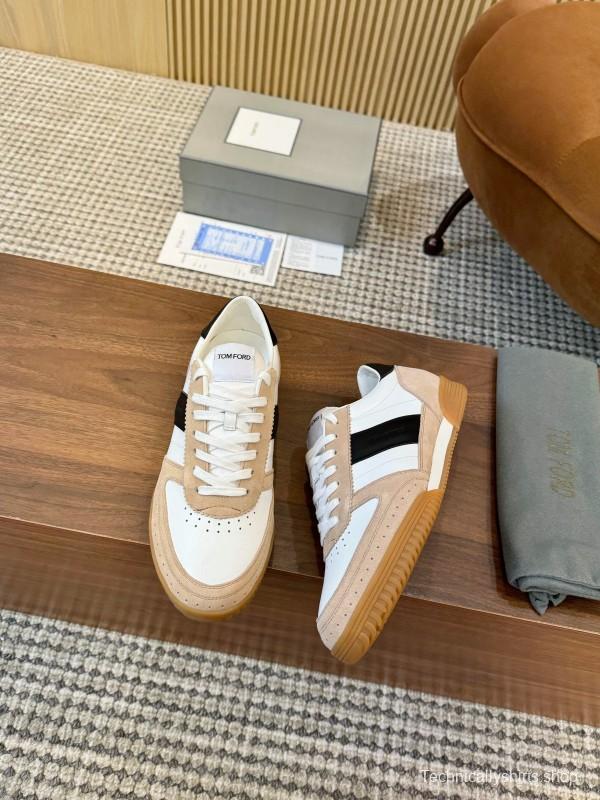 2025 Unisex TOM FORD White Black Beige Leather Suede Sneakers LY00360