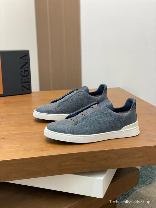 2024 Unisex Ermenegildo Zegna Grey Blue Pelletessuta Calfskin Sneakers Stretch Detail MJ00280