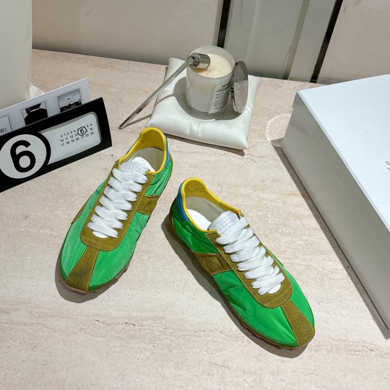 2025 Unisex Maison Margiela Green Yellow Leather Nylon Suede Sneakers Distressed