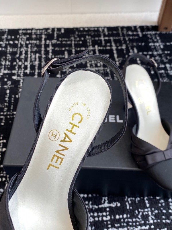 2025 Women Chanel Black Satin Leather High Heels Bow Slingback KFY00289