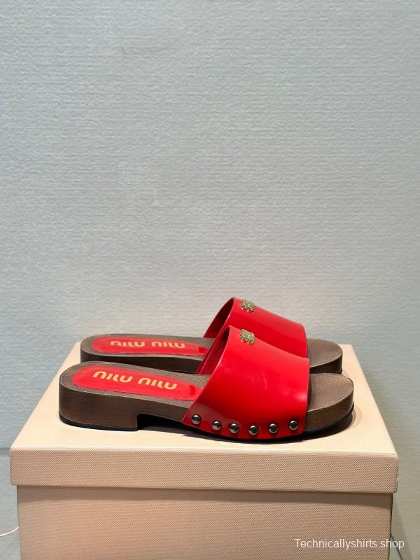 2025 Women Miu Miu Red Leather Slippers