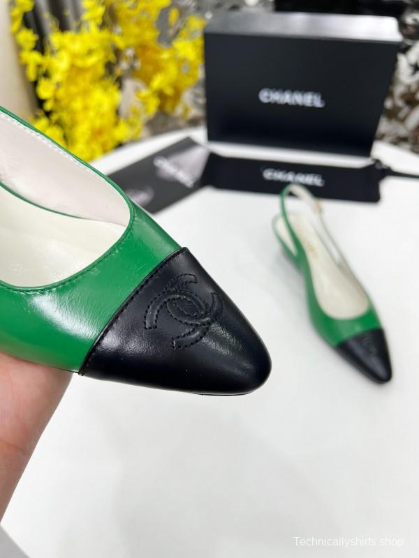 2025 Women Chanel Green Black Leather Slingback Flats