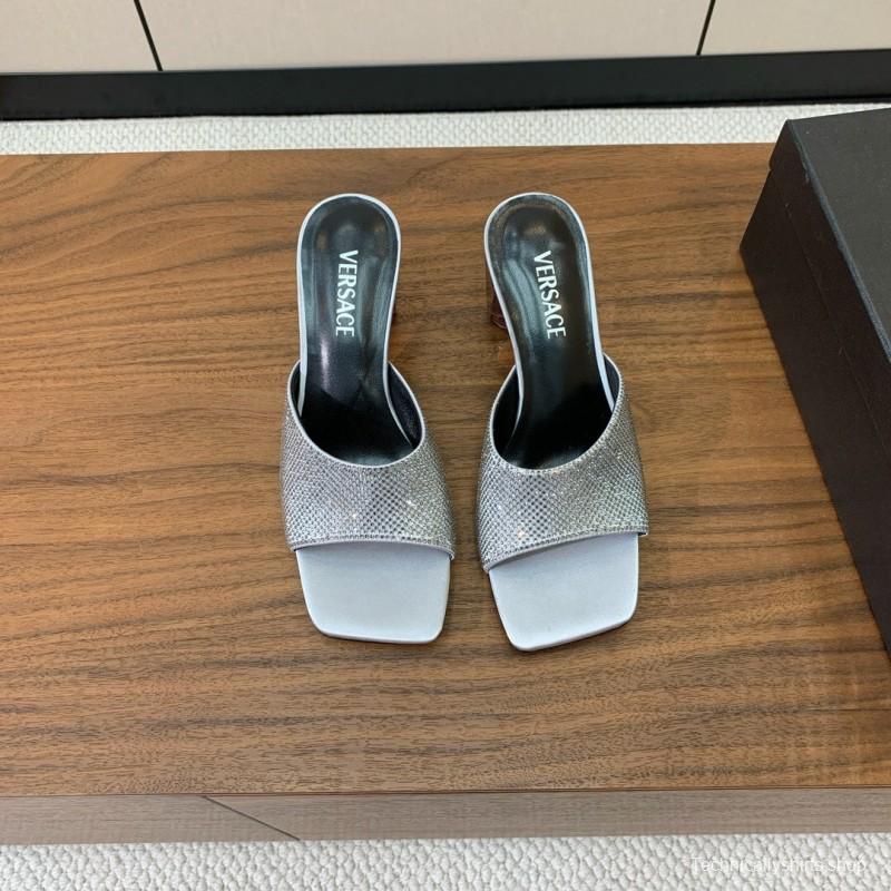 2025 Women VERSACE Silver Leather Slippers