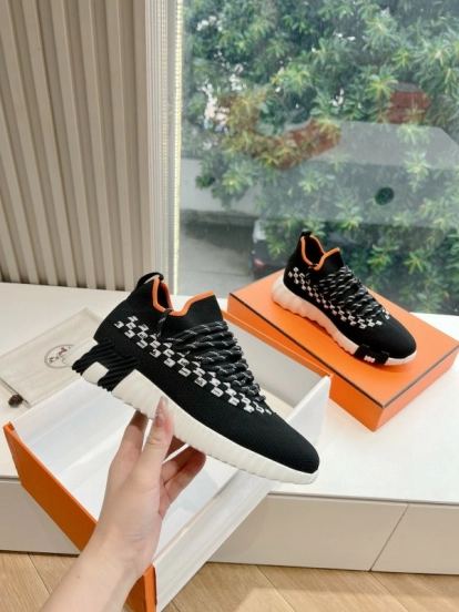 2024 Unisex Hermès Black White Orange Calfskin Suede Sneakers MJ00290