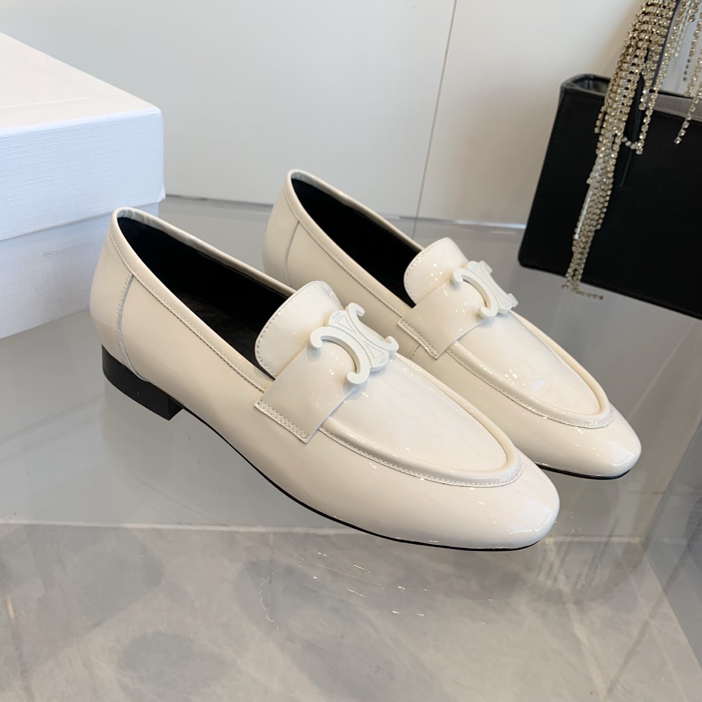 2025 Women Celine White Patent Leather Loafers