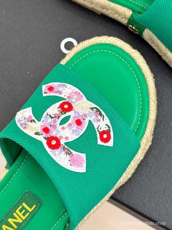 2025 Women Chanel Green Canvas Leather Slippers Embroidered KFY00230