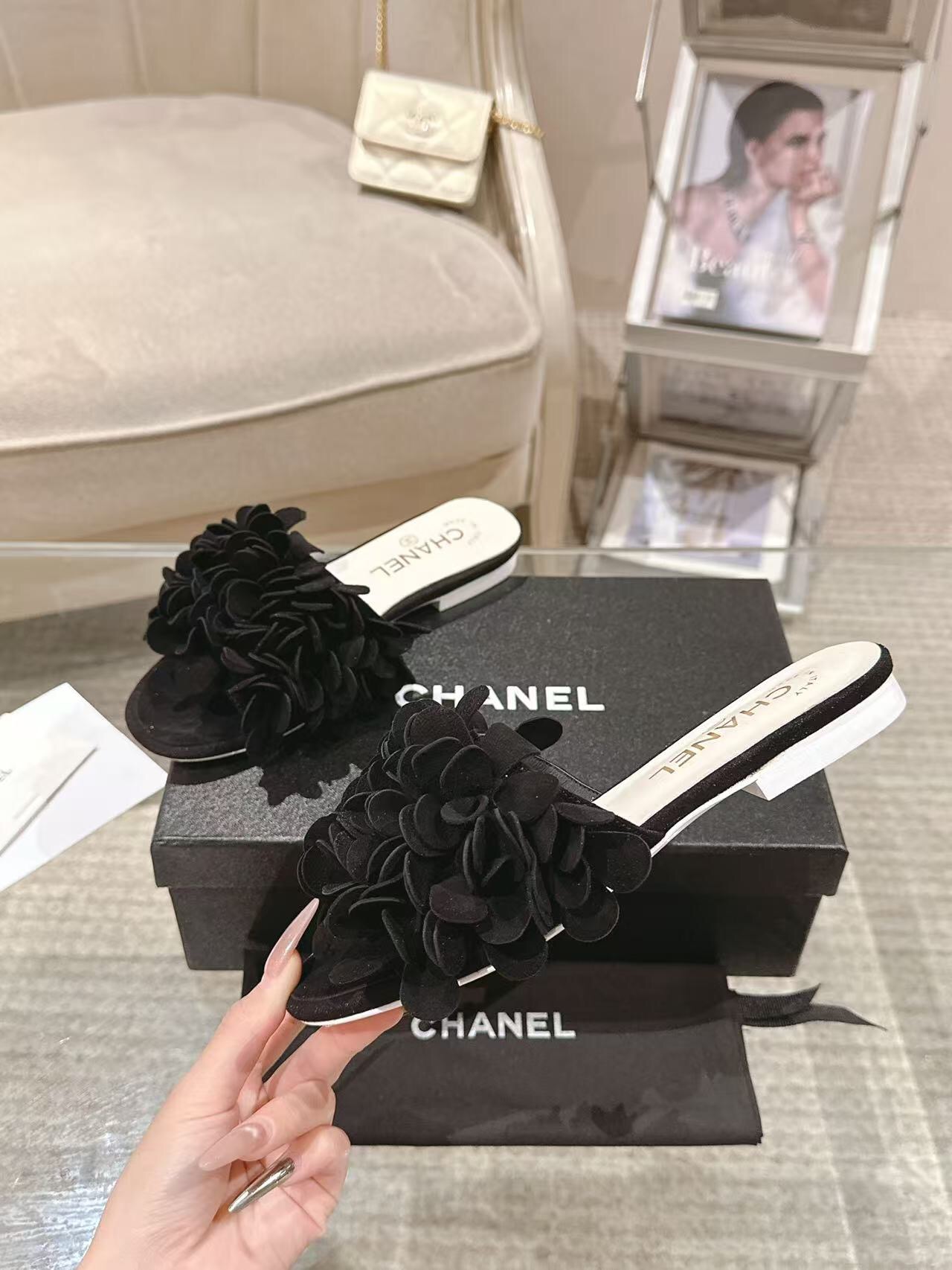 2025 Women Chanel Black Suede Mule Floral B2032-2