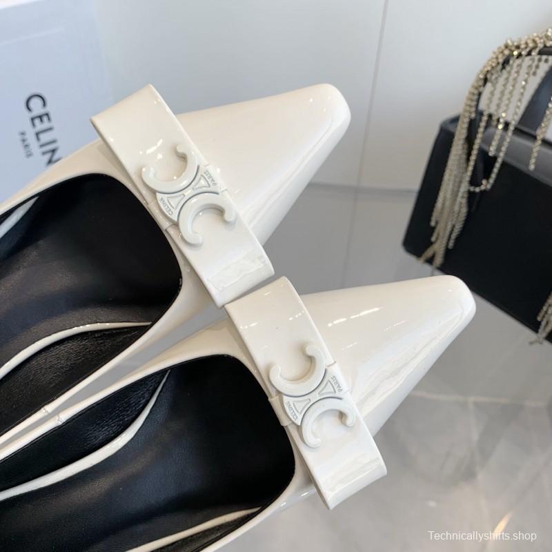 2025 Women Celine White Calfskin Pointed Toe Pumps KFY00330