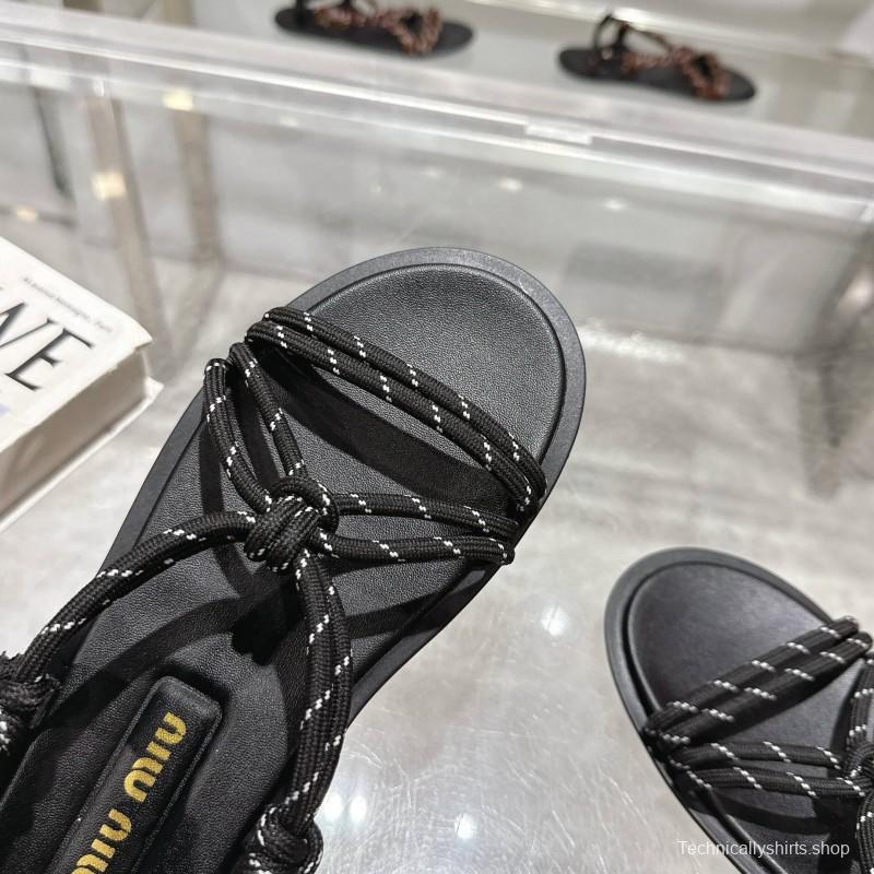 2025 Women Miu Miu Black Leather Rope Sandals