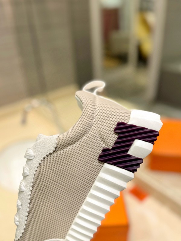 2024 Women Hermès White Beige Mesh Leather Sneakers MJ00320