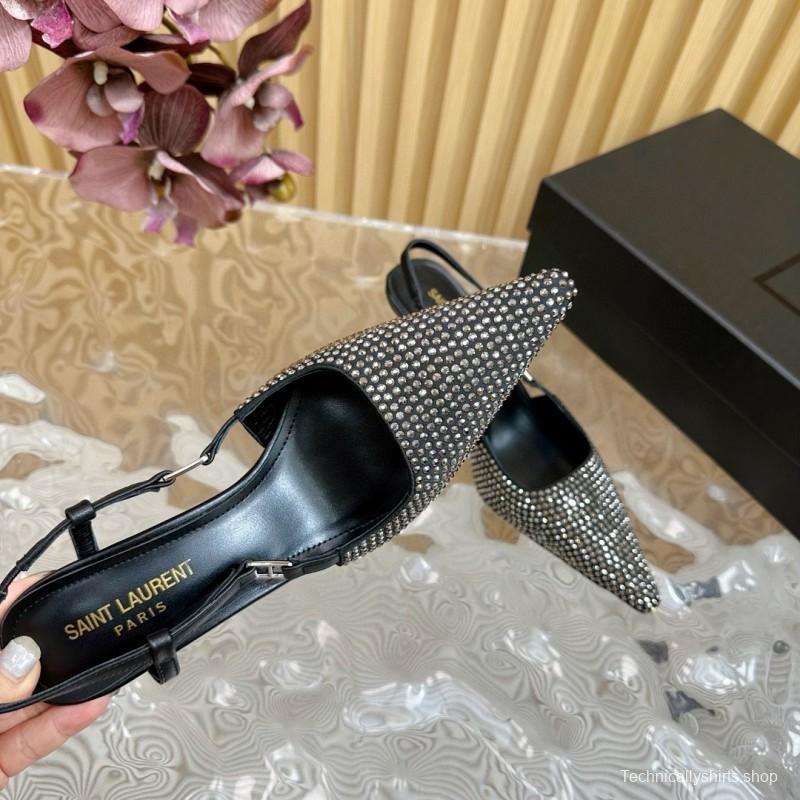 2024 Women Yves Saint Laurent Black Silk Slingback Pumps Crystal Embellishment MJ00320