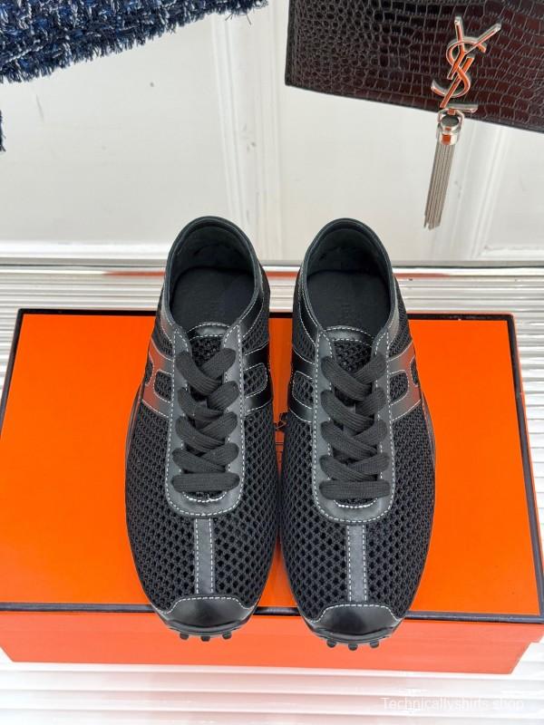 2025 Women Hermès Black Mesh Leather Sneakers