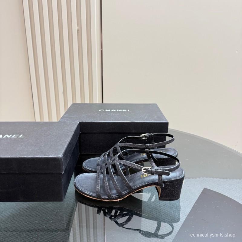 2025 Women Chanel Black Leather Sandals KFY00290