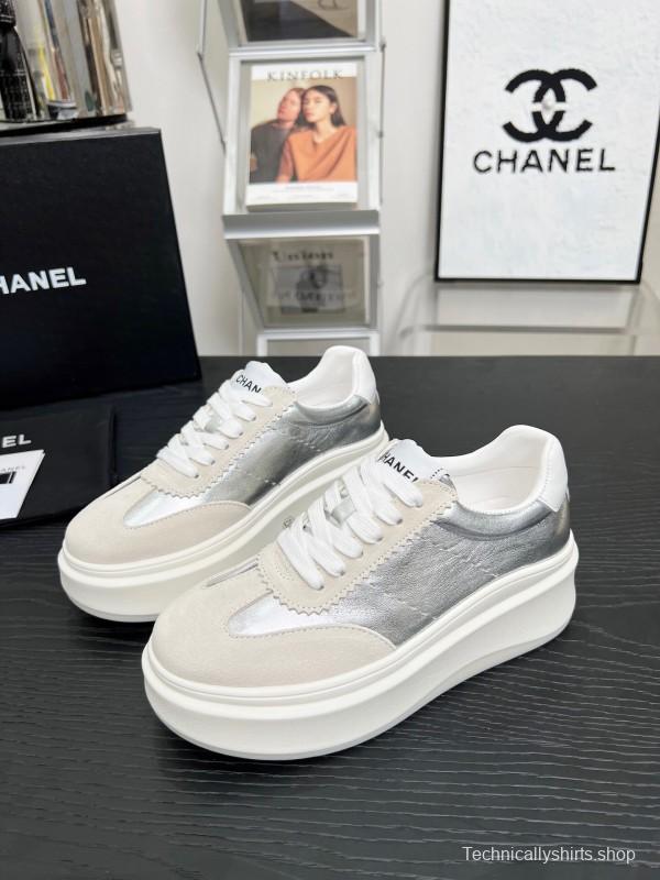 2025 Women Chanel White Silver Leather Suede Sneakers