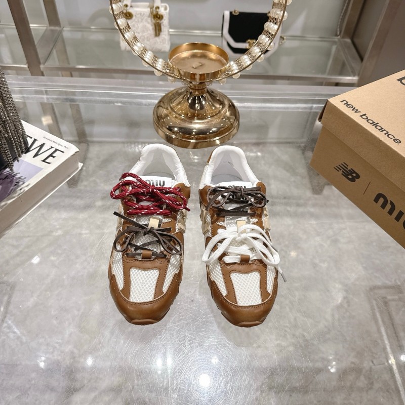 2025 Women Miumiu Brown White Leather Mesh Sneakers