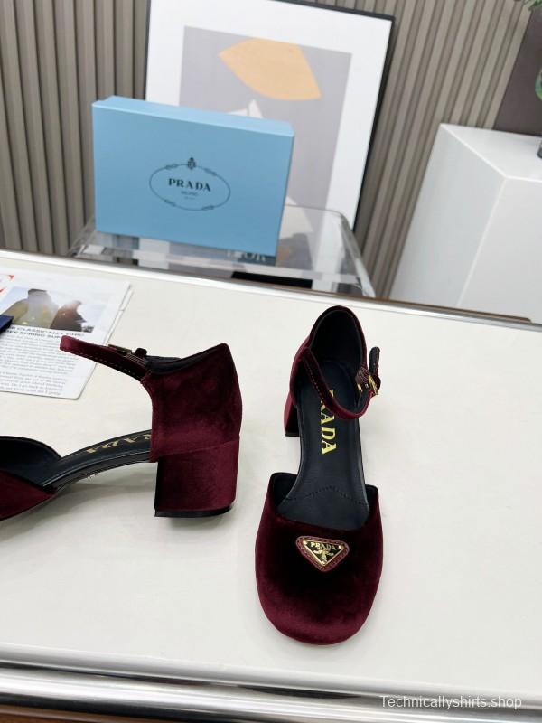 2025 Women Prada Burgundy Velvet Mary Jane Buckle KFY00270