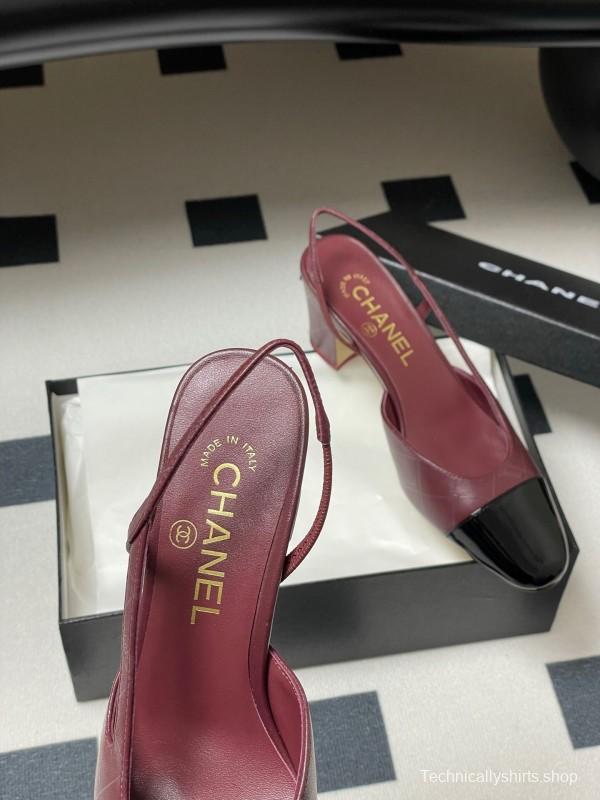2025 Women Chanel Burgundy Black Leather Sling-back Chunky Heel